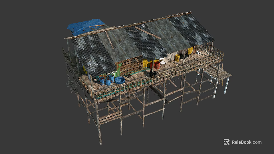 Elevated Wooden House Structure With Gray Roof Blue Tarpaulin Blue Buckets And Yellow Items 3d model 