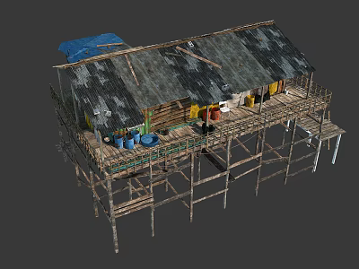 Elevated Wooden House Structure With Gray Roof Blue Tarpaulin Blue Buckets And Yellow Items 3d model
