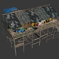Elevated Wooden House Structure With Gray Roof Blue Tarpaulin Blue Buckets And Yellow Items