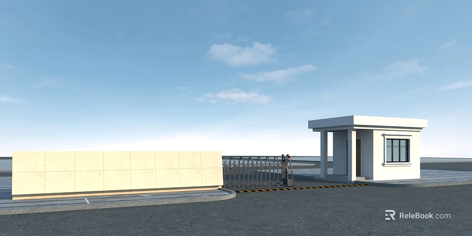 Metal Entrance Gate With Beige Wall White Building Speed Bump And Blue Sky 3d model 