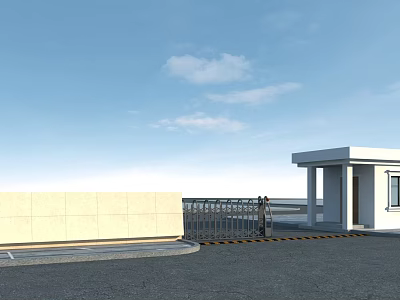 Metal Entrance Gate With Beige Wall White Building Speed Bump And Blue Sky 3d model