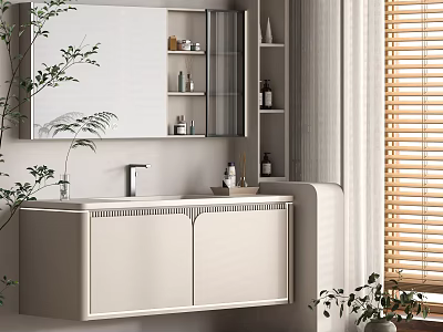 Wall Mounted Modern Bathroom Cabinet With Mirror Storage Shelves Countertop Faucet And Plants 3d model