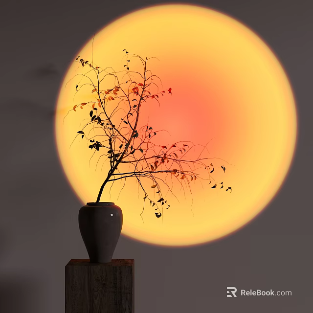 Decorative Vase With Twig On Wooden Platform Against Round Orange Yellow Sunset 3d model 