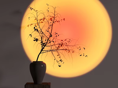 Decorative Vase With Twig On Wooden Platform Against Round Orange Yellow Sunset 3d model