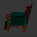 Vintage Green Velvet Armchair With Red Carved Wooden Frame And Curved Legs