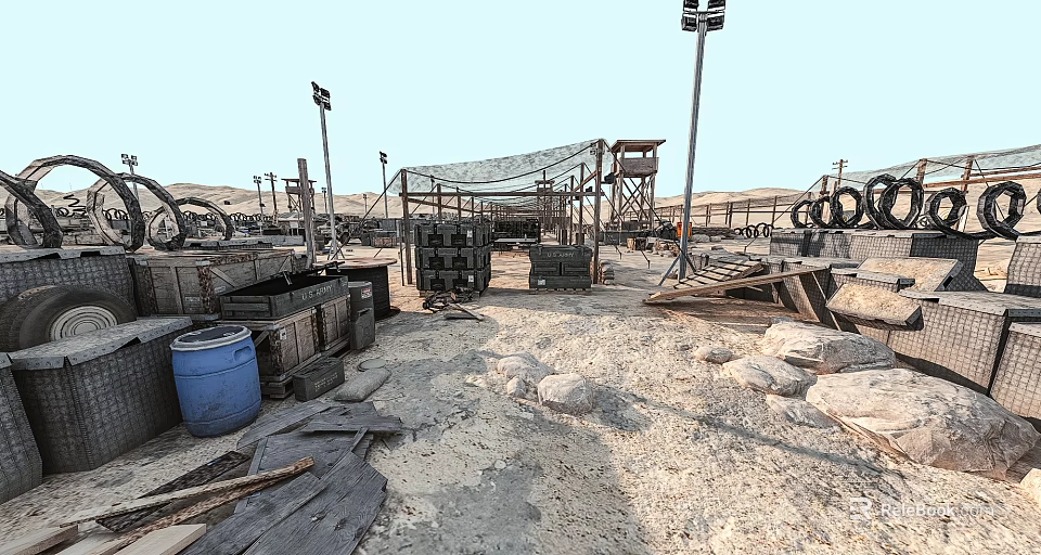 Outdoor Industrial Site With Wooden Crates Barrels Stones And Metal Structures 3d model 