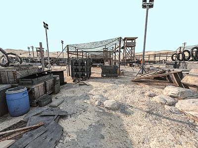 Outdoor Industrial Site With Wooden Crates Barrels Stones And Metal Structures 3d model