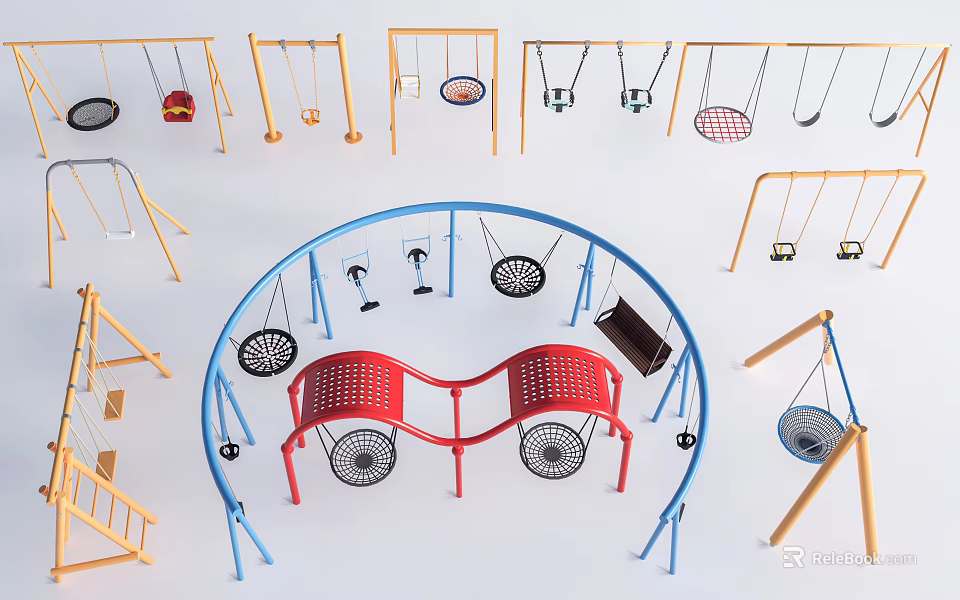 Outdoor Colorful Playground Swings with Circular Frame and Multiple Seat Types for Kids Play Equipment 3d model 