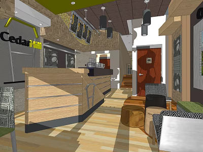 Cedar Bubble Tea Shop Interior With Wooden Counter Hanging Lights And Seating Area 3d model