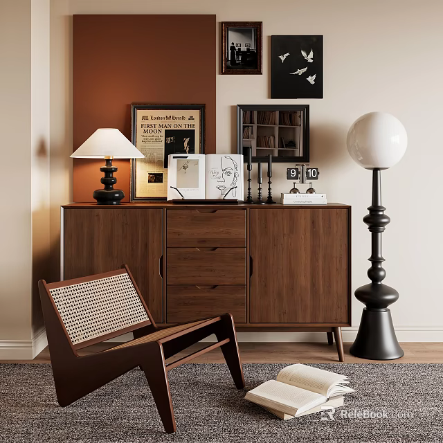 Walnut Console Cabinet With Drawers Table Lamp Decorative Prints Chair And Rug 3d model 