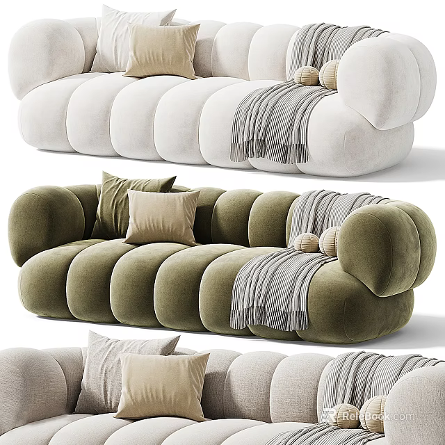 Beige And Olive Green Sectional Sofa With Round Armrests Plush Pillows And Throw Blanket 3d model 
