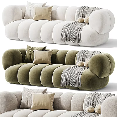 Beige And Olive Green Sectional Sofa With Round Armrests Plush Pillows And Throw Blanket 3d model