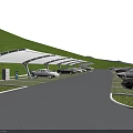 Eco Friendly Parking Lot With Green Hillside White Canopies Charging Stations And Parked Cars