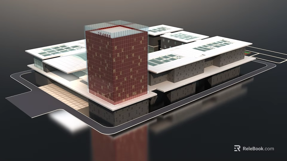 Modern Architectural Model Featuring Red Tower And Glass Roof Structures 3d model