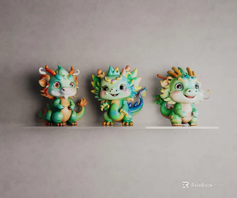 Three Cute Cartoon Dragon Sculptures With Vibrant Colors And Green Design On Shelf 3d model 