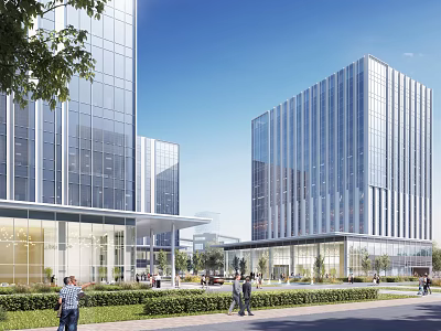 Modern Office Buildings With Glass Facades And Urban Greenery 3d model