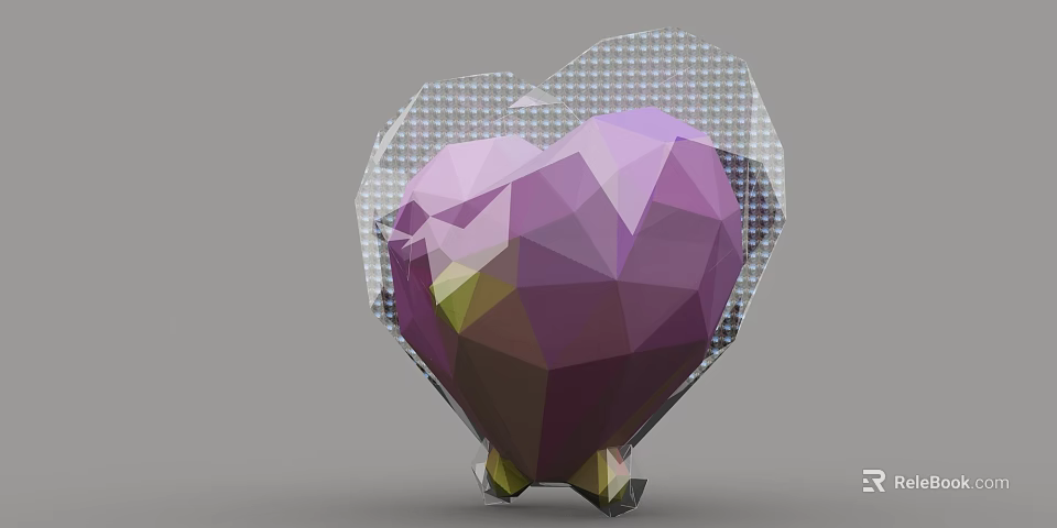 Purple Polyhedral Heart Shaped Decorative Ornament Set With Transparent Mesh Frame And Stand 3d model 
