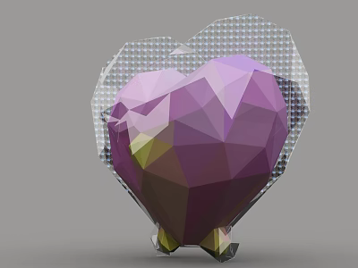 Purple Polyhedral Heart Shaped Decorative Ornament Set With Transparent Mesh Frame And Stand 3d model