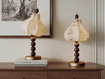 Decorative Table Lamps With Round Wooden Bead Bases And Cream Patterned Lampshades On Wooden Dresser 3d model