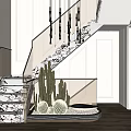 Modern Staircase Area With Marble Steps Glass Railing And Cactus Plants 3d model