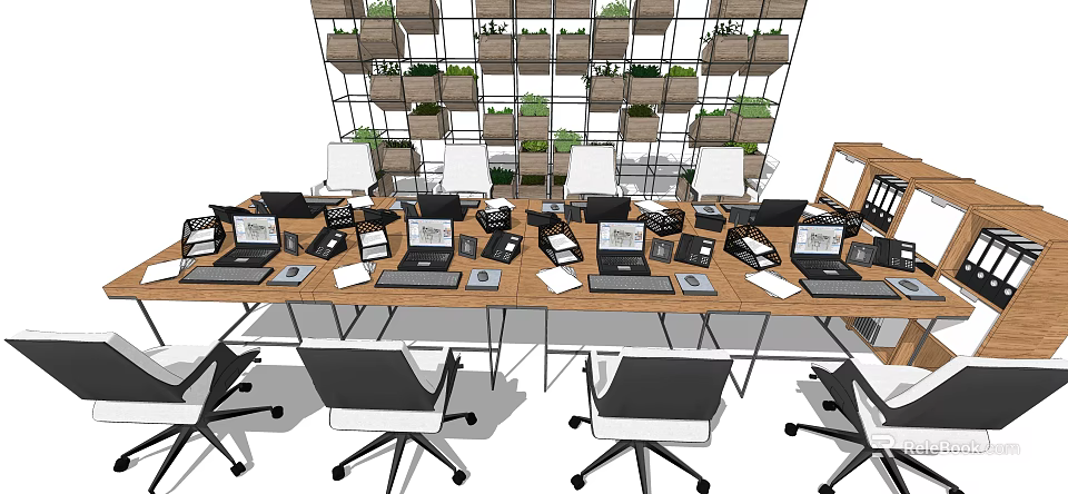 Modern Office Conference Table with Laptops Office Chairs and Green Plant Wall 3d model 
