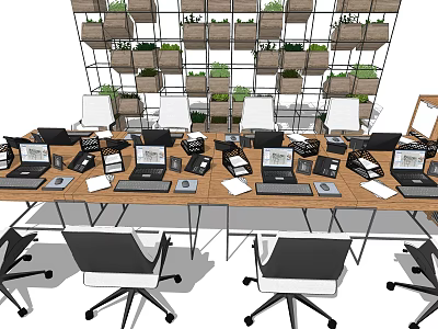 Modern Office Conference Table with Laptops Office Chairs and Green Plant Wall 3d model