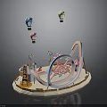 Colorful Amusement Park Scene With Carousel Ferris Wheel And Hot Air Balloons