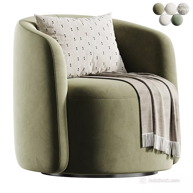 Olive Green Velvet Accent Chair With Patterned Pillow And Striped Fringe Blanket 3d model 