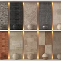 Various Style Floor Tiles With Herringbone And Square Patterns On Display Wall With Decorative Spheres