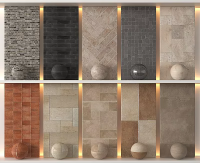 Various Style Floor Tiles With Herringbone And Square Patterns On Display Wall With Decorative Spheres 3d model
