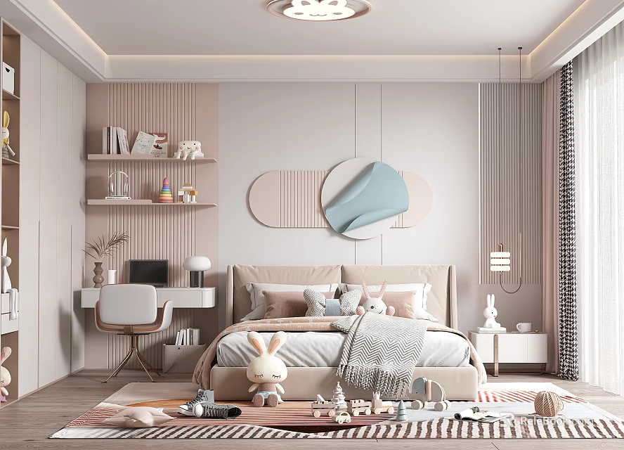 Cozy Modern Kids Bedroom With Toys Bed And Bookshelves 3d model 