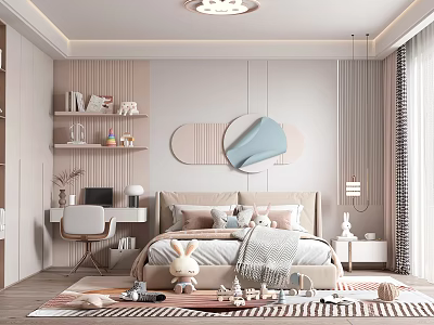 Cozy Modern Kids Bedroom With Toys Bed And Bookshelves 3d model