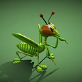 Green Mantis with Large Eyes Red Antennae Standing on Green Background