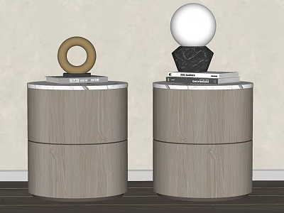 Cylindrical Bedside Tables With Light Wood Grain Design Gold Ring Decor And White Spherical Lamp On Top 3d model
