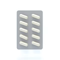 Pharmacy Medication Blister Pack with 10 White Capsules Arranged in Rows