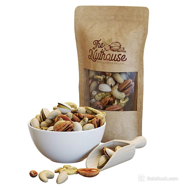 Mixed Nuts In White Bowl With The Nuthouse Bag And Wooden Scoop 3d model 