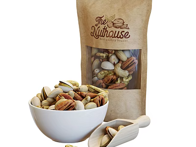 Mixed Nuts In White Bowl With The Nuthouse Bag And Wooden Scoop 3d model