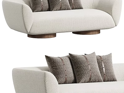 Modern Beige Two-Seater Sofa With Dark Gray Stitched Cushions And Wooden Legs 3d model