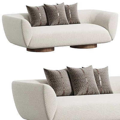 Modern Beige Two-Seater Sofa With Dark Gray Stitched Cushions And Wooden Legs 3d model