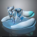 3D Fantasy White Fox With Blue Stripes And Multiple Tails On Black Reflective Base