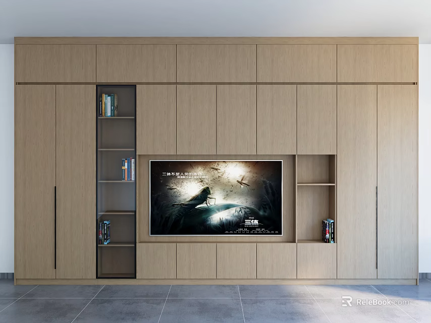 Modern Wooden TV Wall Cabinet Design With Storage Shelves And Open Compartments 3d model 