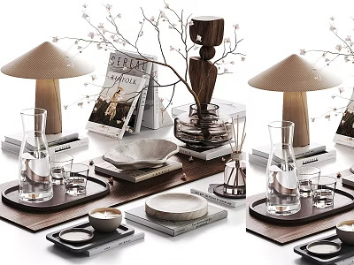 Stylish Decorative Ornament Set With Table Lamps Vases Trays Bowls And Books 3d model