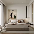 Minimalist Bedroom Interior With Beige Bed Headboard Decorative Artwork Floor Lamp And Curtains