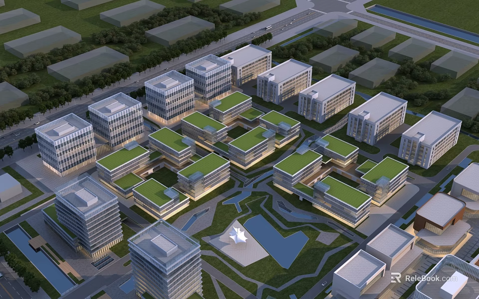 Modern Office Buildings with Green Roofs in Planned Business Park with Landscaping and Water Features 3d model 