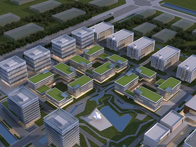 Modern Office Buildings with Green Roofs in Planned Business Park with Landscaping and Water Features 3d model