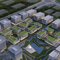 Modern Office Buildings with Green Roofs in Planned Business Park with Landscaping and Water Features