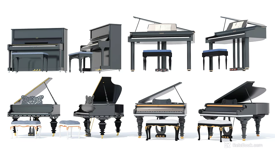Various Styles of Upright and Grand Pianos with Piano Stools Musical Instruments 3d model 