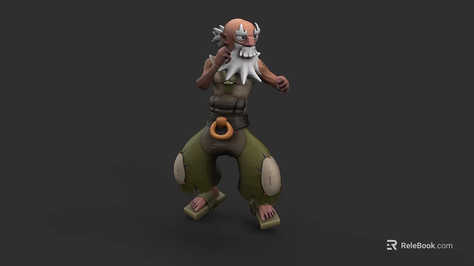 Game Movie Character 3D Model Bald White Beard Muscular Green Pants Patches Waist Ring Dynamic Stance 3d model 