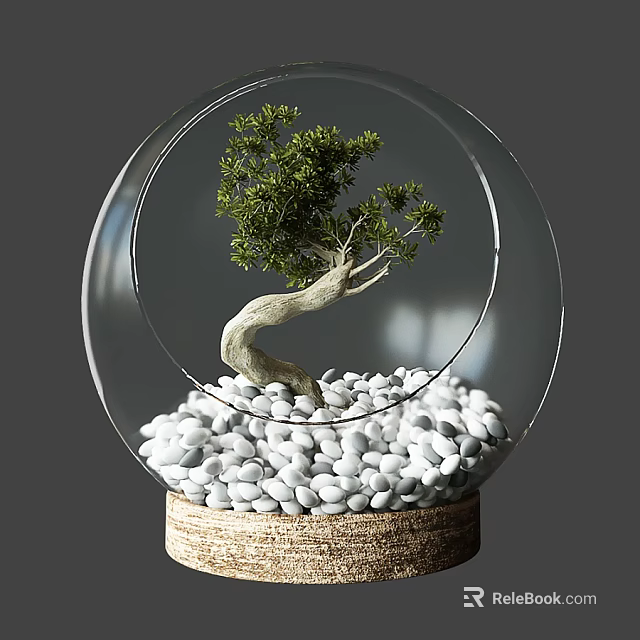 Modern Decorative Ornament Set with Glass Globe Small Tree White Pebbles and Woven Base 3d model 
