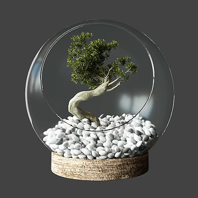 Modern Decorative Ornament Set with Glass Globe Small Tree White Pebbles and Woven Base 3d model